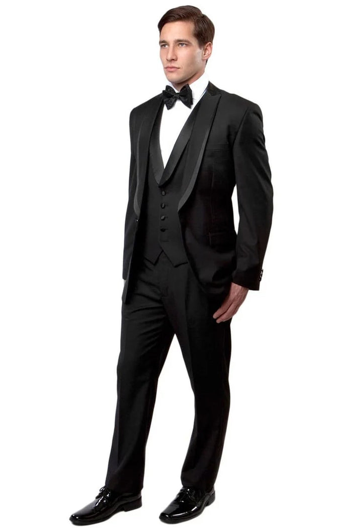 Black Prom Suit - Men's One Button Satin Trimmed Peak Lapel Vested Black Fancy Tuxedo