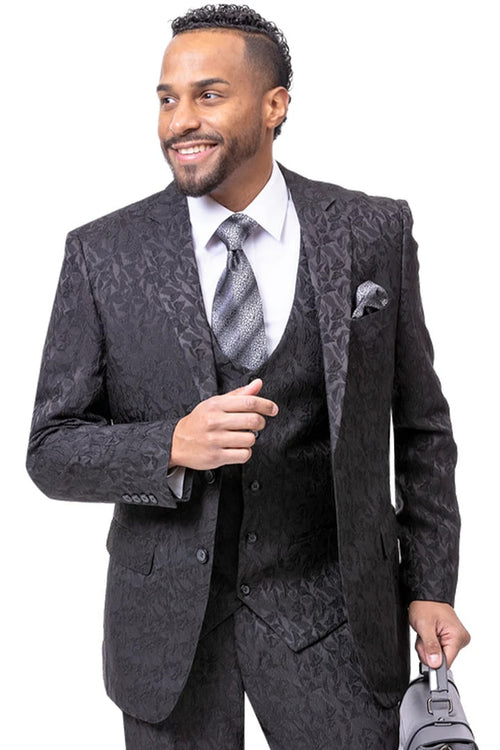 Black Prom Suit - Mens Two Button Vested Paisley Black Fashion Suit