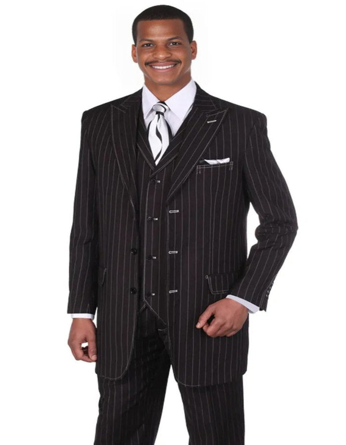 Pleated Dress Men Suits - Mens Vintage Vested Gangster Bold Pinstripe Fashion Black and White Suit by Men's Tuxedo USA