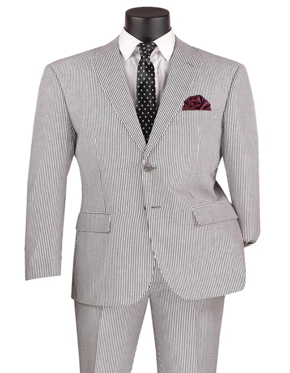 Men's 2PC Summer Seersucker Modern Fit Black Pinstripe Suit