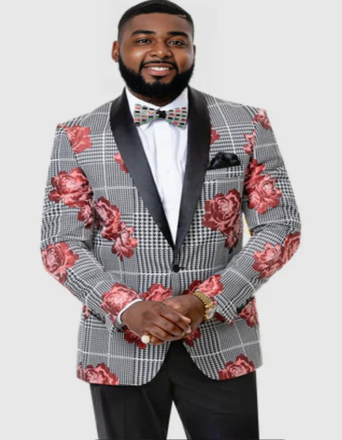 Cheap Tuxedos - Affordable Prom Suit  - Mens One Button Houndstooth Black and Red Shawl Tuxedo Jacket