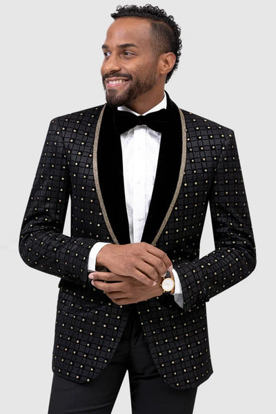 Black Prom Suit - Mens Black & Gold Grid Pattern Wedding Tuxedo Dinner Jacket