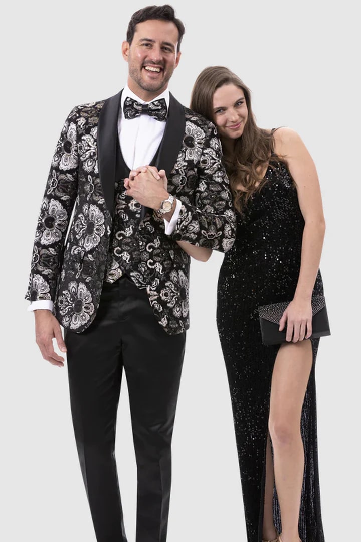 Black Prom Suit - Mens Modern Vested White, Gold & Black Paisley Prom Tuxedo