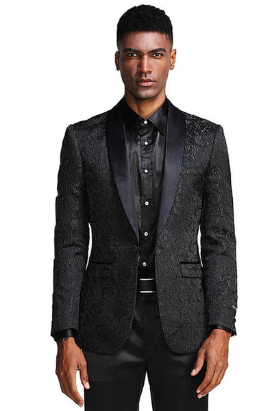 Mens 80s Prom Suit Perfect Outfit - Men's Slim Fit Wedding & Prom Tonal Paisley Black Tuxedo