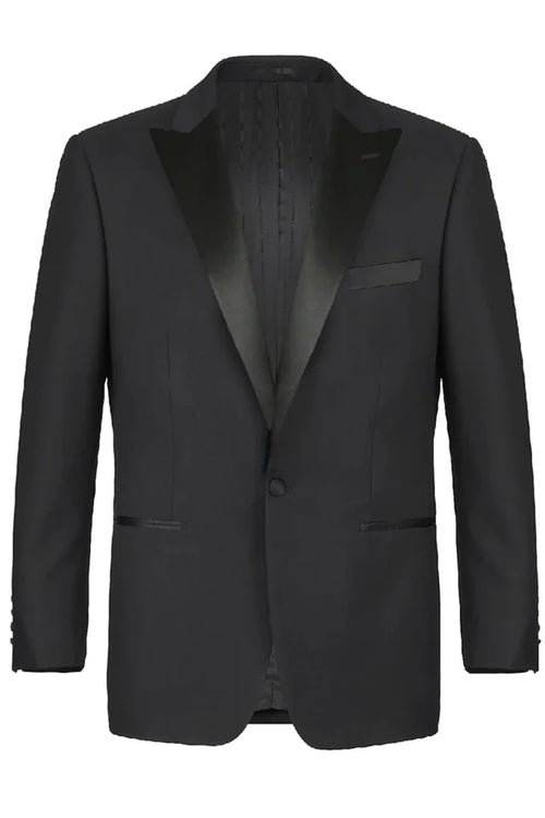 Unique Prom Suits - Interesting Fun - Mens Traditional One Button Classic Fit Peak Black Tuxedo