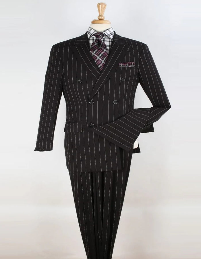 Mens Double Breasted 1920's Wide Bold Gangster Black Pinstripe Suit