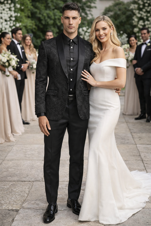 Black Prom Suit - Men's Slim Fit Wedding & Prom Tonal Paisley Black Tuxedo Jacket