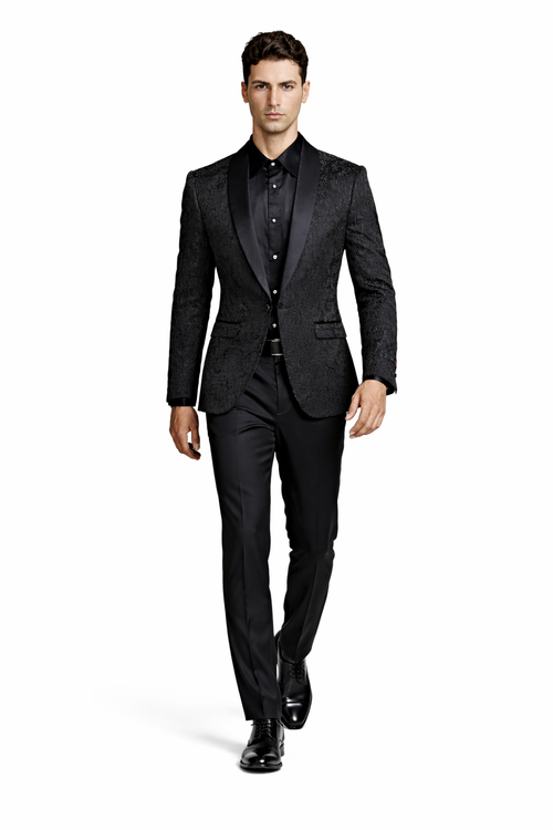 Black Prom Suit - Men's Slim Fit Wedding & Prom Tonal Paisley Black Tuxedo Jacket