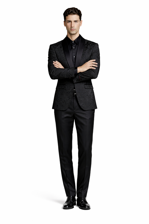 Black Prom Suit - Men's Slim Fit Wedding & Prom Tonal Paisley Black Tuxedo Jacket