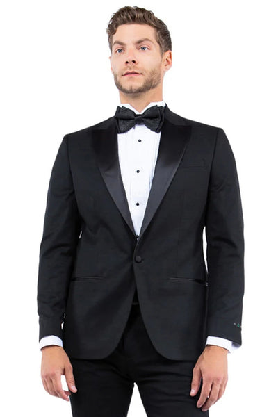 Black Prom Suit - Men's Modern Fit One Button Peak Lapel Black Tuxedo