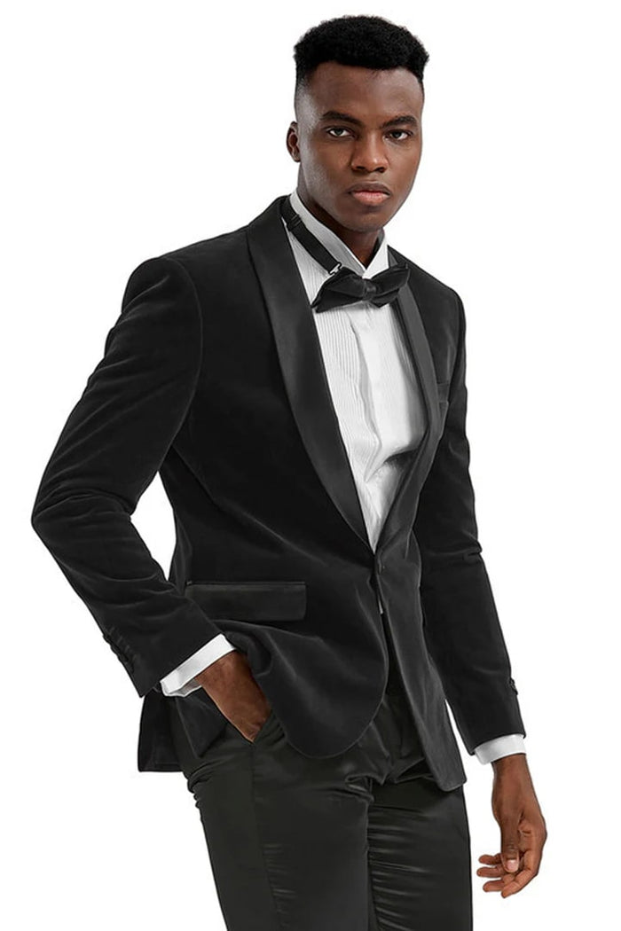 Black Prom Suit - Men's Slim Fit Shawl Lapel Velvet Wedding & Prom Black Tuxedo