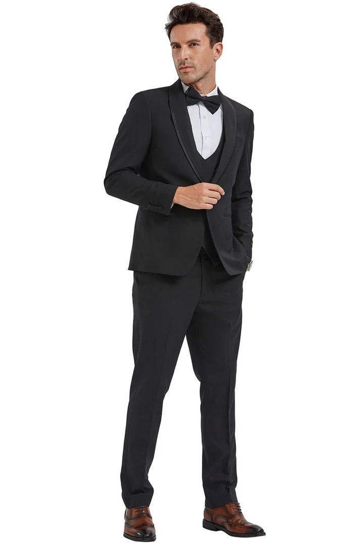 Black Prom Suit - Men's One Button Vested Shawl Black Birdseye Satin Trim Tuxedo