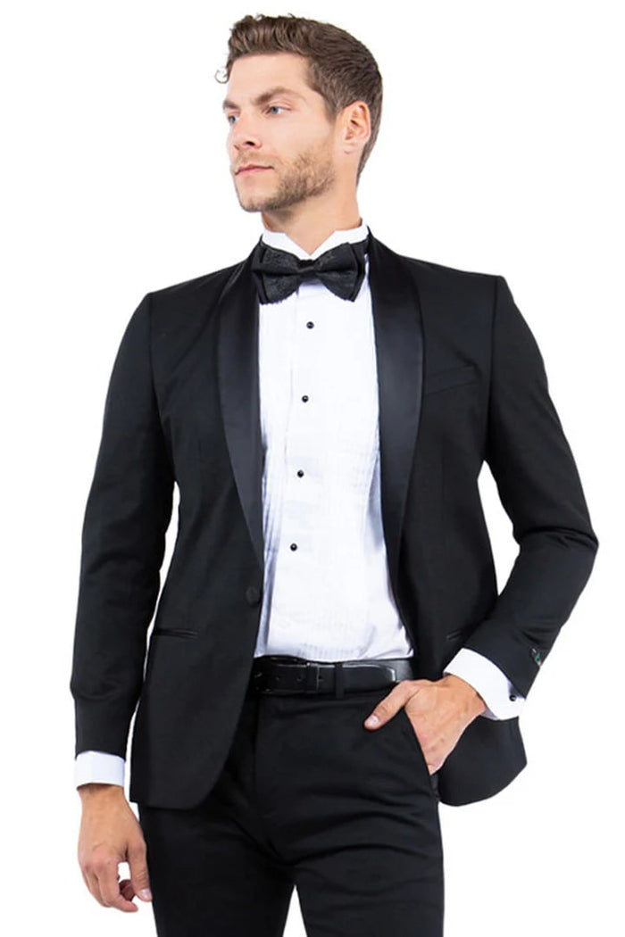 Black Prom Suit - Men's Modern Fit One Button Shawl Lapel Black Tuxedo