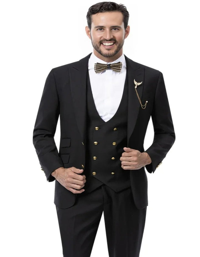 Black and Gold Prom Suit - Mens Modern Two Button Vested Peak Lapel Double Breasted Suit