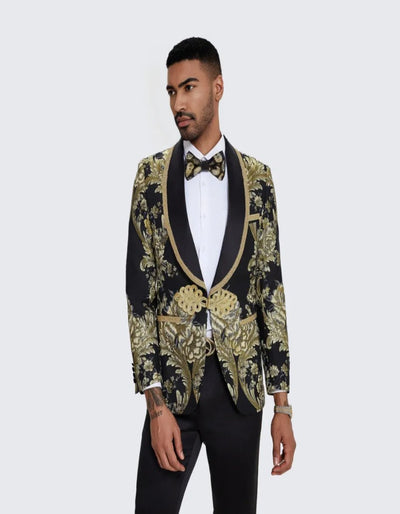 Black and Gold Prom Suit - Men's Black Tuxedo with Gold Textured Paisley Design- Wedding - Prom