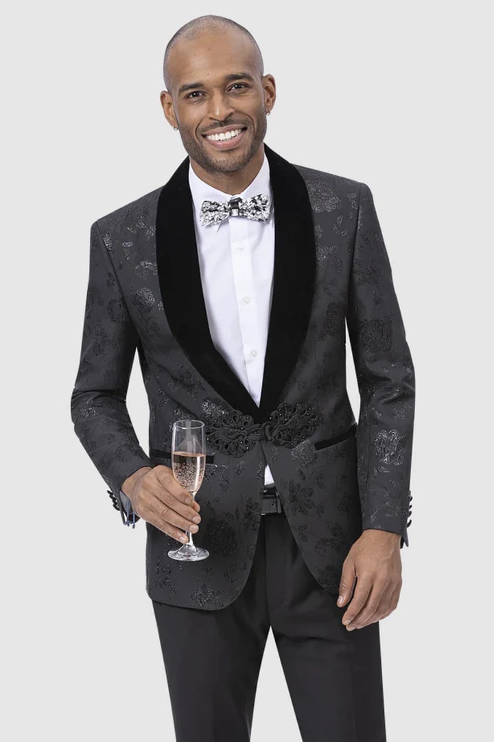 Black Prom Suit - Mens Shiny Paisley Prom Smoking Black Tuxedo