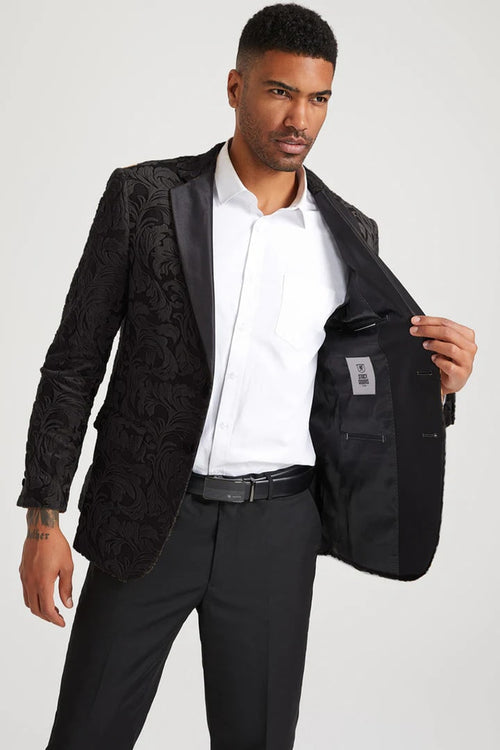 Black Prom Suit - Men's Stacy Adam's Paisley Velvet Prom & Wedding Black Tuxedo Jacket