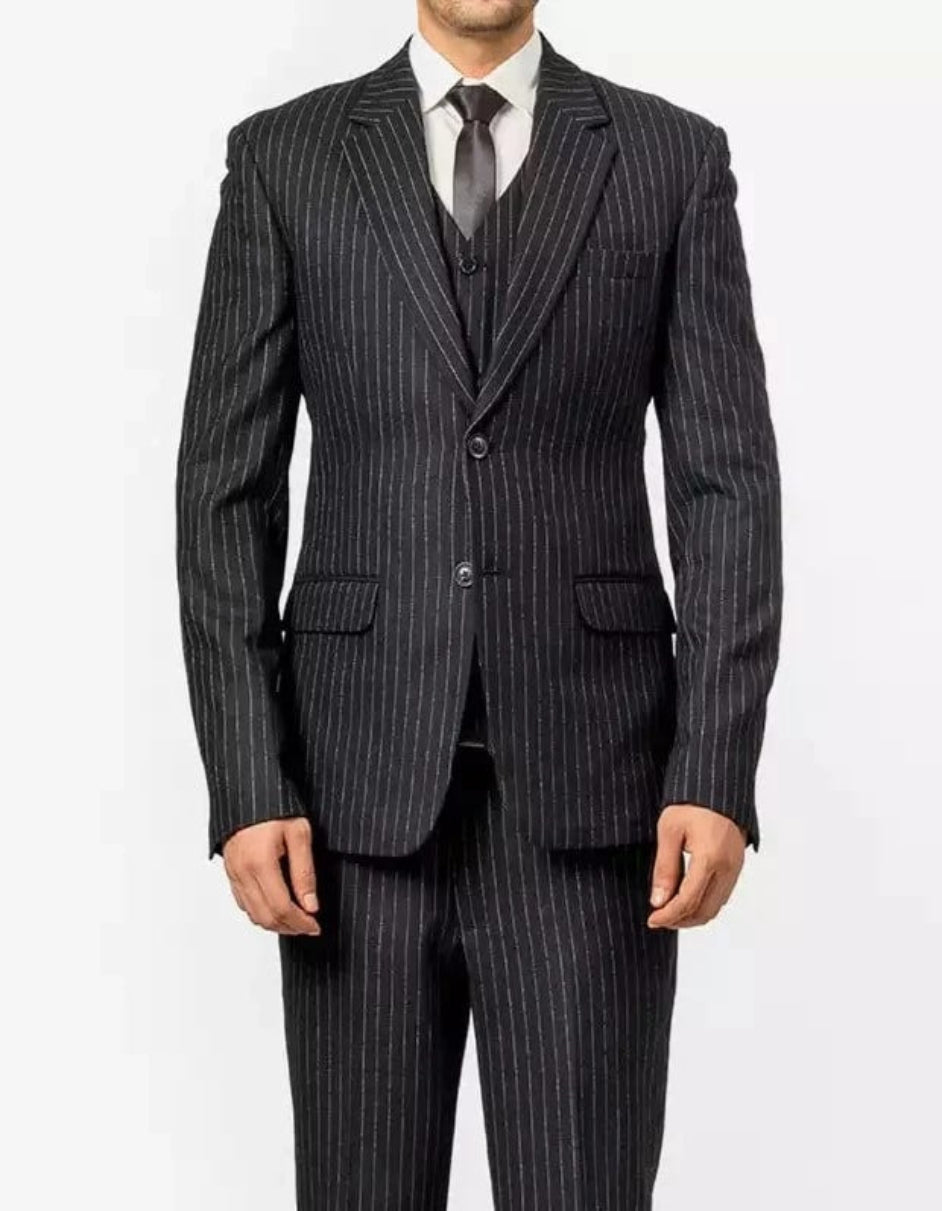 Mens Black Pinstripe Three Piece Suit Vintage Shelby Gangster Style by Mens Suitin