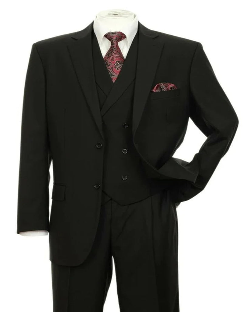 Mens 2 button Pleated Pant Black Suit With Double Breasted Vest