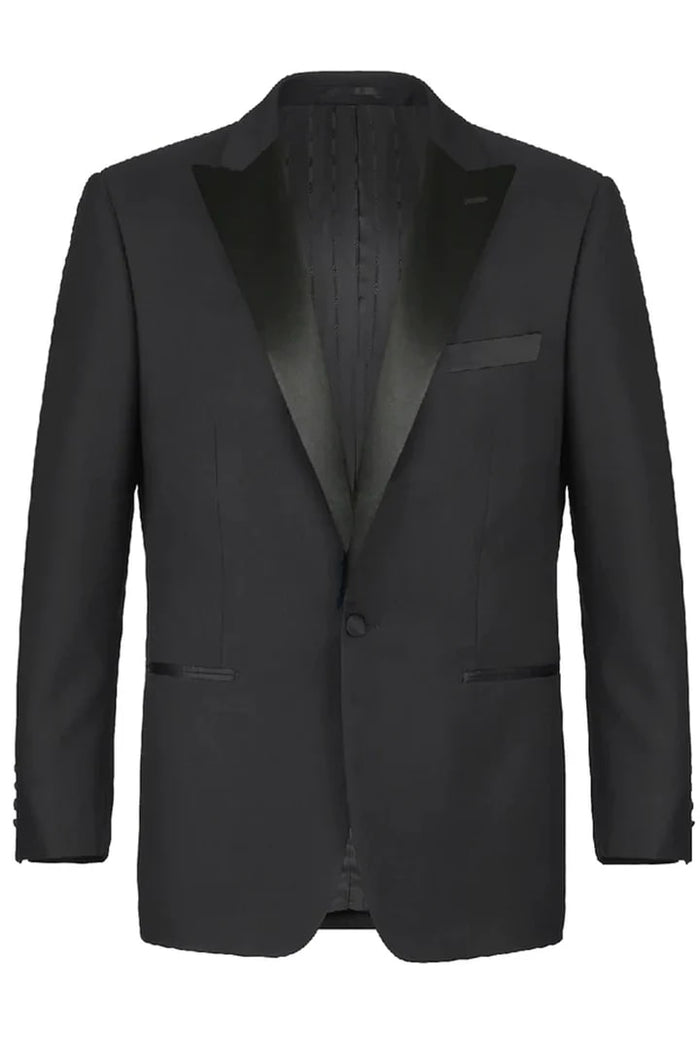 Black Prom Suit - Mens Traditional One Button Slim Fit Peak Black Tuxedo