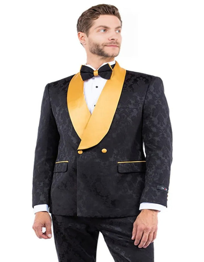 Black and Gold Prom Suit - Men's Slim Fit Double Breasted Paisley Black and Gold Wedding Tuxedo Smoking Jacket