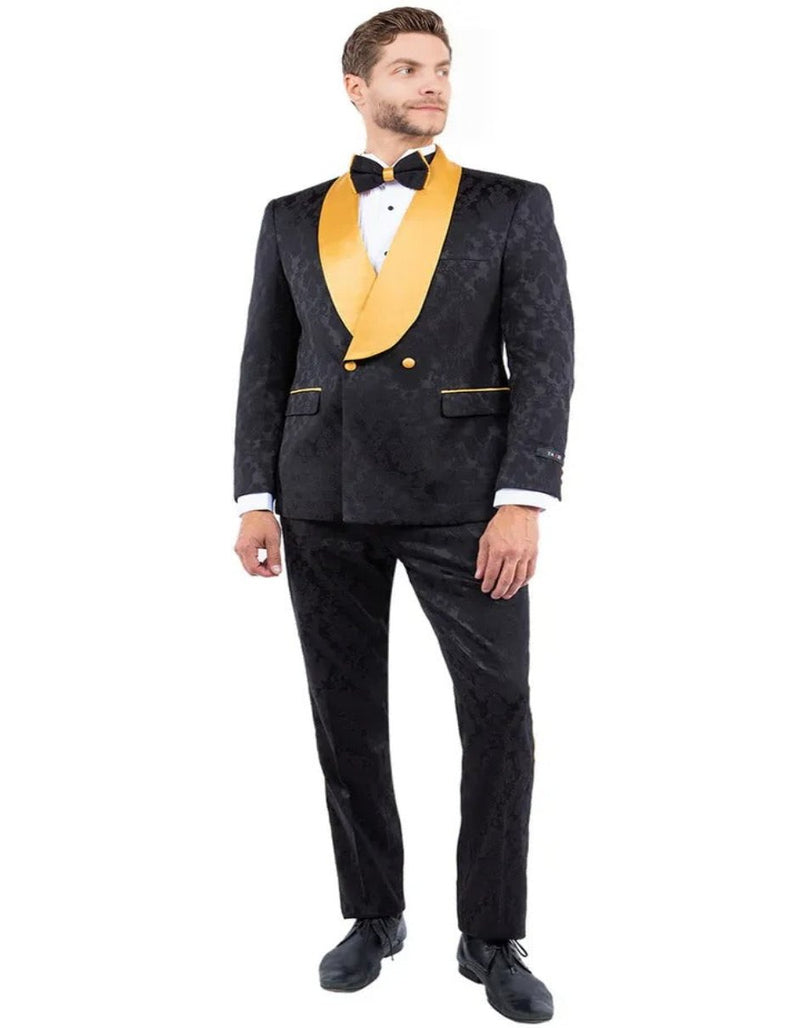 Black and Gold Prom Suit - Men's Slim Fit Double Breasted Paisley Black and Gold Wedding Tuxedo Smoking Jacket