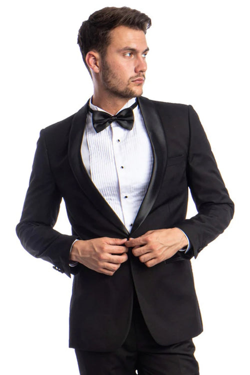 Black Prom Suit - Men's Skinny Fit One Button Shawl Prom Black Tuxedo