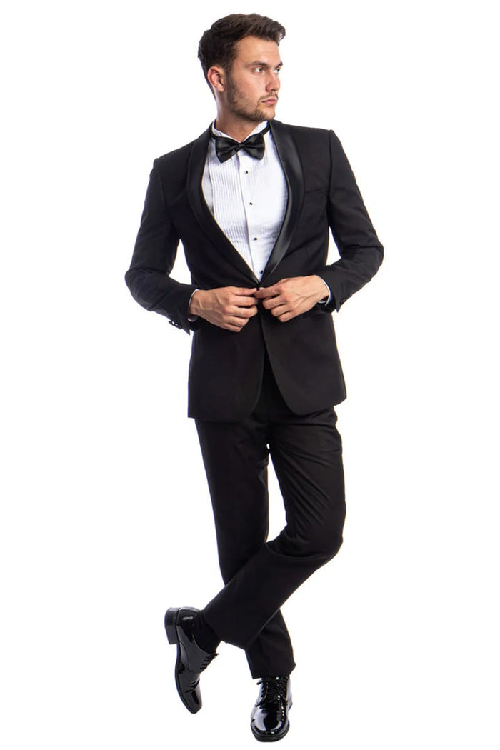 Black Prom Suit - Men's Skinny Fit One Button Shawl Prom Black Tuxedo