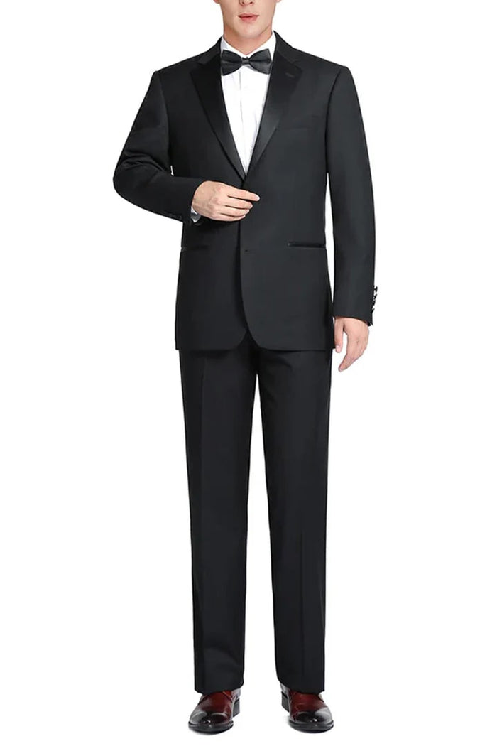 Black Prom Suit - Mens Traditional Two Button Classic Fit Notch Lapel Wool Black Tuxedo