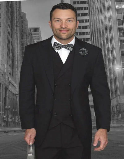 Pleated Dress Men Suits - Men's Designer Classic Fit Pleated Pant Wool Double Breasted Black Suit by Men's Tuxedo USA