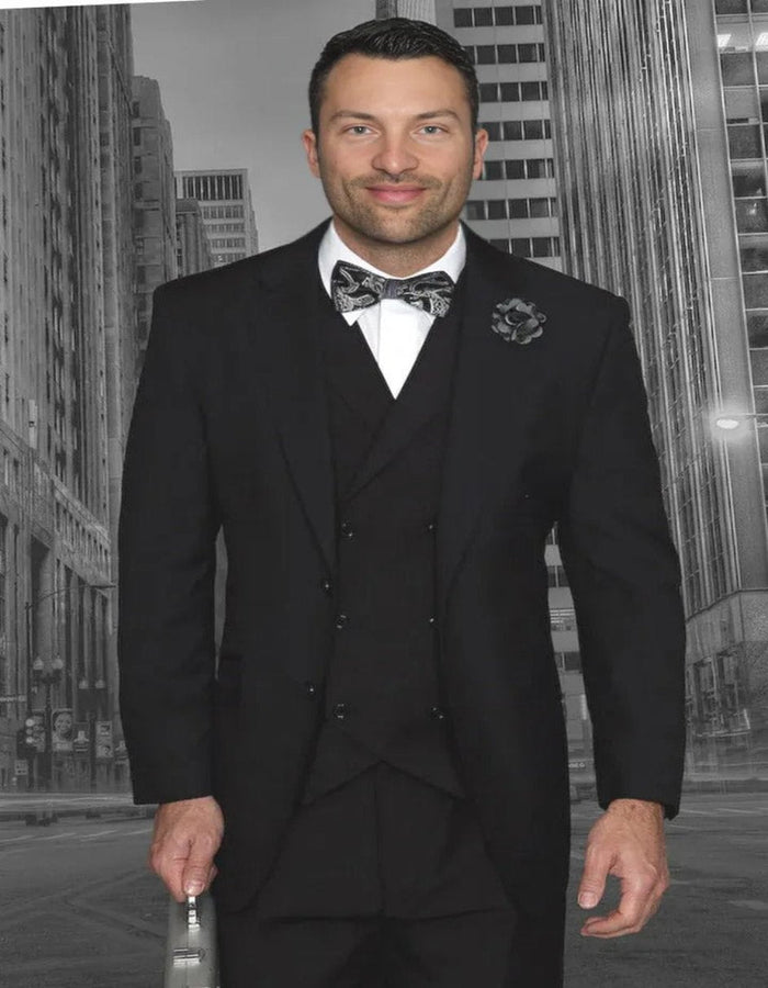 Pleated Dress Men Suits - Men's Designer Classic Fit Pleated Pant Wool Double Breasted Black Suit by Men's Tuxedo USA