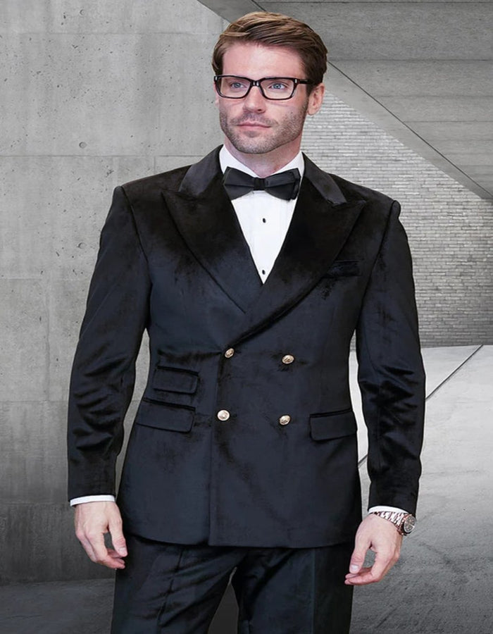 Black and Gold Prom Suit - Men's Designer Double Breasted Black Velvet Suit With Gold Buttons