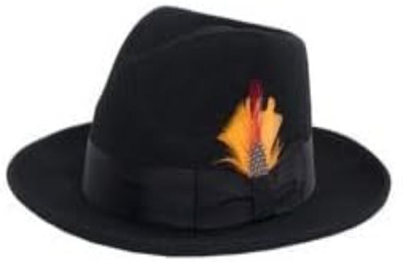 Gangster 100% Australian Wool Crushable Mens Fedora Hat - Removable Feather Gangster Black Mens Fedora Hat