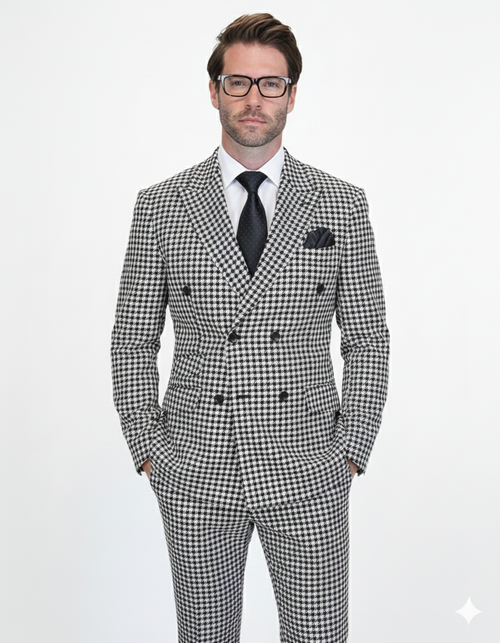 Double Breasted Suits - Vested Suits Wool Fabric - Black Houndstooth Suit by USA Men's Outlet