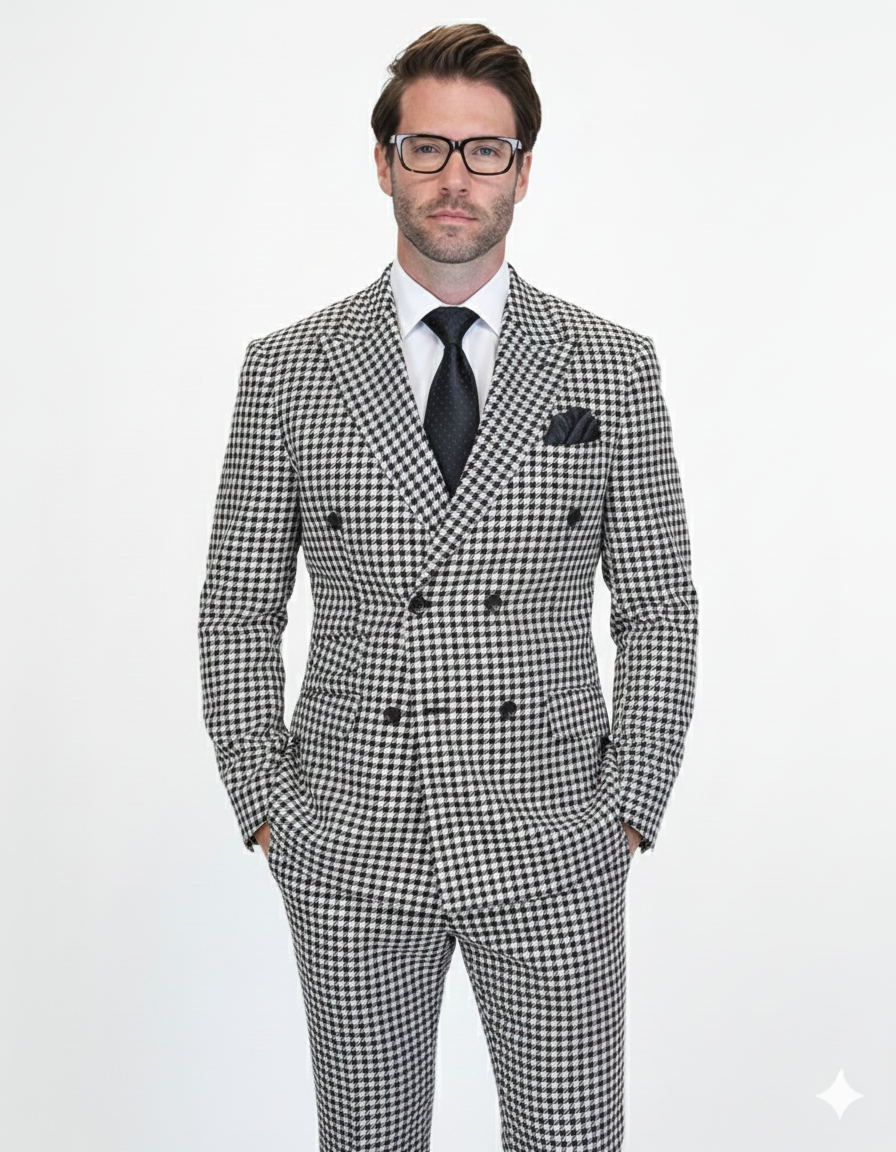 Double Breasted Suits - Vested Suits Wool Fabric - Black Houndstooth Suit by USA Men's Outlet