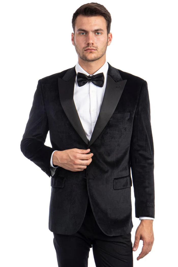 Black Prom Suit - Men's Two Button Peak Lapel Velvet Wedding & Prom Black Tuxedo