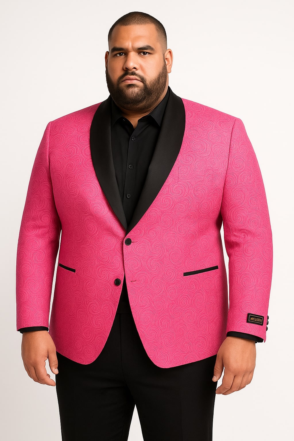 Men’s Hot Pink Tuxedo Suit With Black Pants Paisley Patter with Black Shawl Lapel - Fuchsia Color Prom Suit USA Men's Outlet