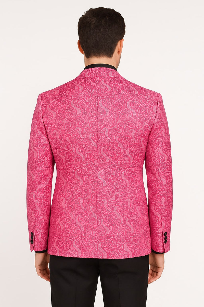 Men’s Hot Pink Tuxedo Suit With Black Pants Paisley Patter with Black Shawl Lapel - Fuchsia Color Prom Suit
