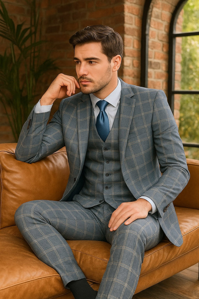 Mens Blue Windowpane Checkered Slim Fit Suit - 3 Piece Stretch Business Suit by USA Men's Outlet