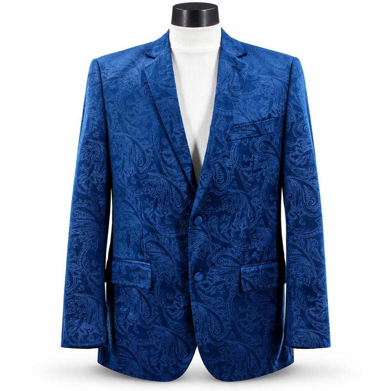 Men’s Velvet Paisley Blazer 2-Button Regular Fit with Notch Lapel - Blue