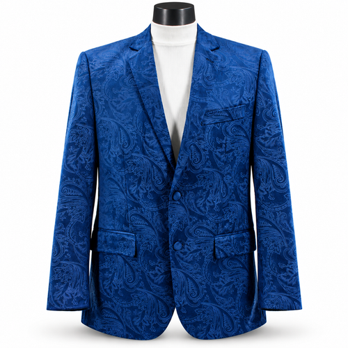 Men’s Velvet Paisley Blazer 2-Button Regular Fit with Notch Lapel - Blue