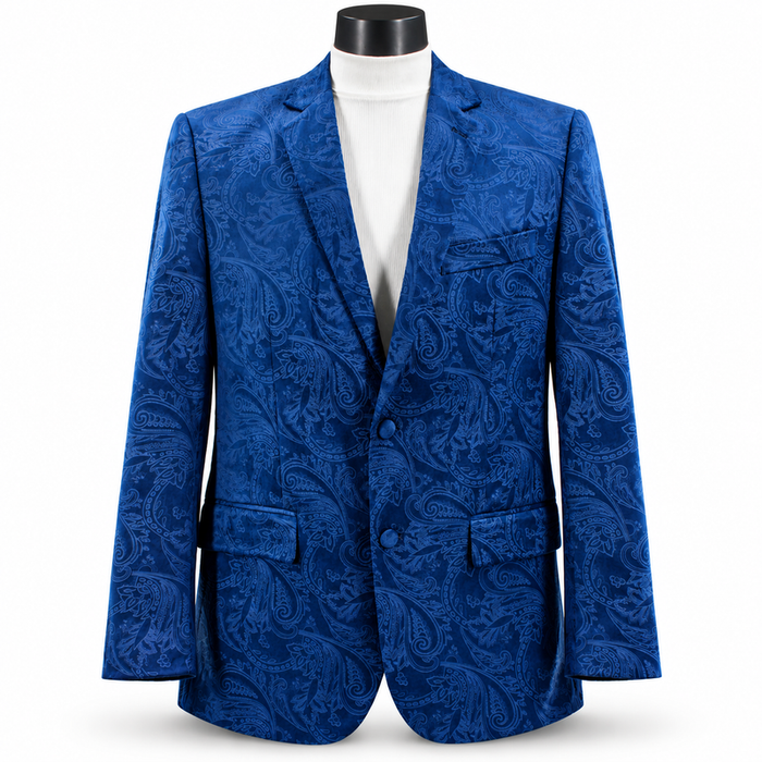 Men’s Velvet Paisley Blazer 2-Button Regular Fit with Notch Lapel - Blue