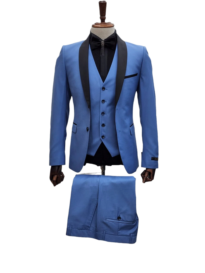 Steel Blue Tuxedo Suit with Black Shawl Lapel - 3 Piece Slim Fit Wedding & Formal Attire in Light Blue Color by USA Men's Outlet