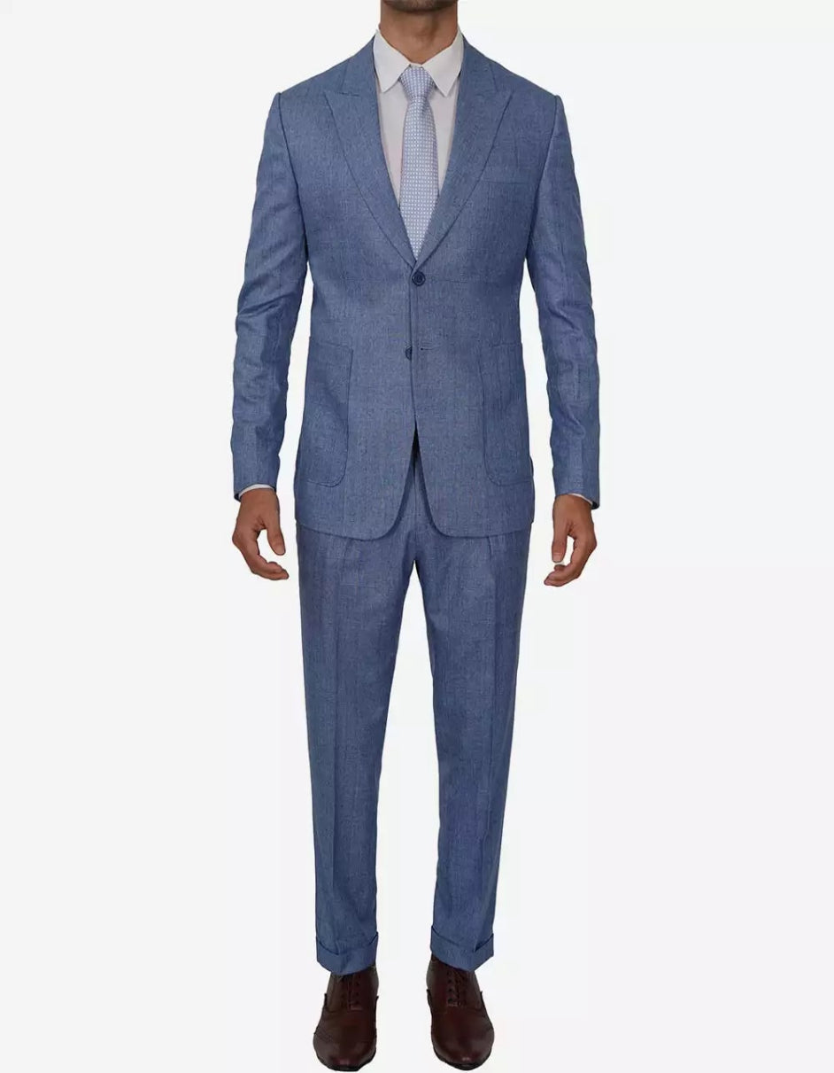 Mens Peak Lapel Two Piece Self Pattern Blue Suit by USA Men's Outlet