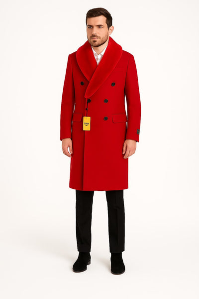 Mens Double Breasted Red Overcoat with Bold Red Faux Fur Collar – Alberto Nardoni Luxury Winter Coat