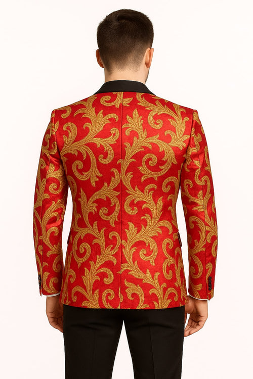 Men's Red and Gold Baroque Tuxedo Jacket with Black Satin Shawl Lapel by USA Men's Outlet