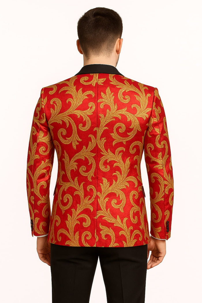 Men's Red and Gold Baroque Tuxedo Jacket with Black Satin Shawl Lapel by USA Men's Outlet