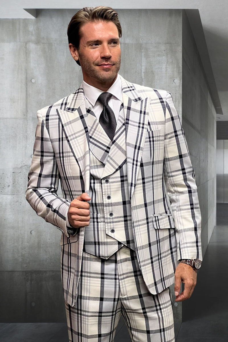 Men's Grey Windowpane Plaid Suit with Wide Peak Lapel