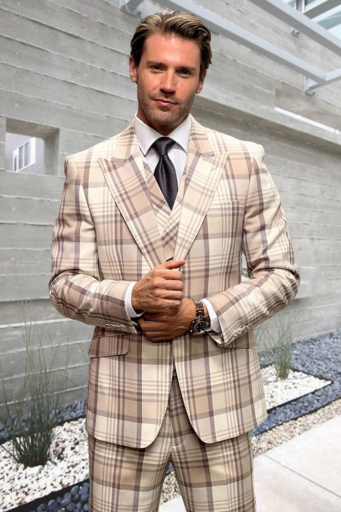 Men's Vested Wide Peak Lapel Bold Windowpane Suit in Tan