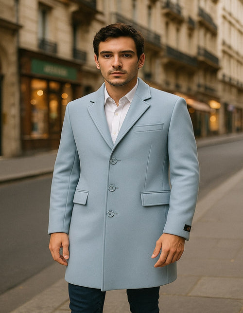 Men’s Light Blue Wool Overcoat - Classic Single-Breasted Long Coat - Sky Blue Carcoat Wool Fabric by USA Men's Outlet